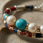 Turquoise, Pearl, and Woven Cord Gold Accent Bracelet