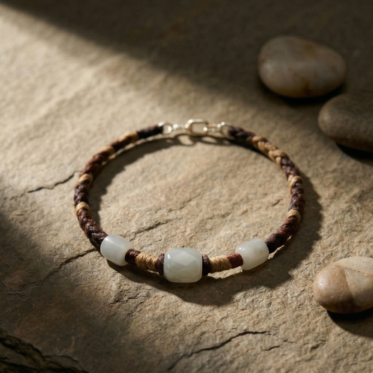 White Chalcedony and Brown Woven Cord Bracelet
