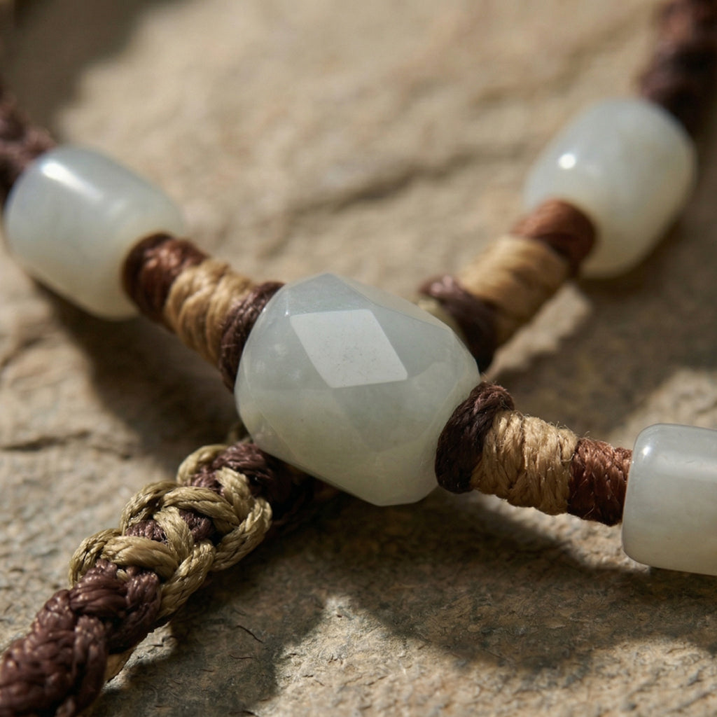 White Chalcedony and Brown Woven Cord Bracelet