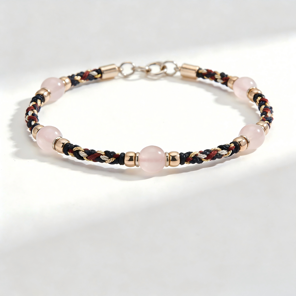 Rose Quartz and Woven Cord Gold Accent Bracelet