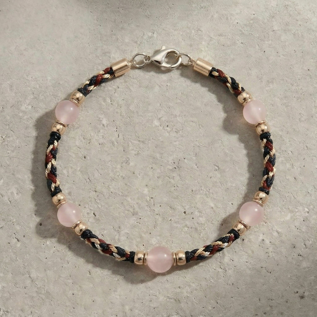 Rose Quartz and Woven Cord Gold Accent Bracelet