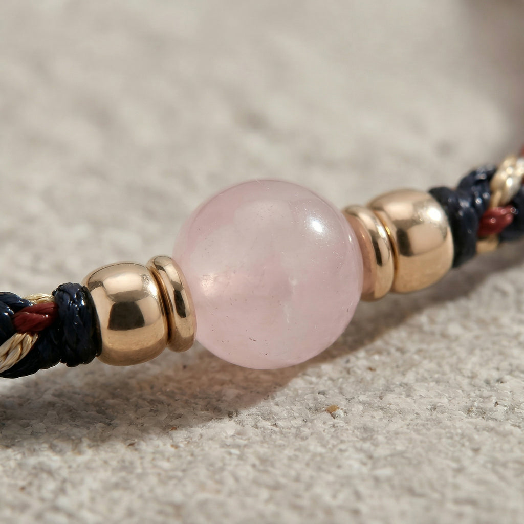 Rose Quartz and Woven Cord Gold Accent Bracelet