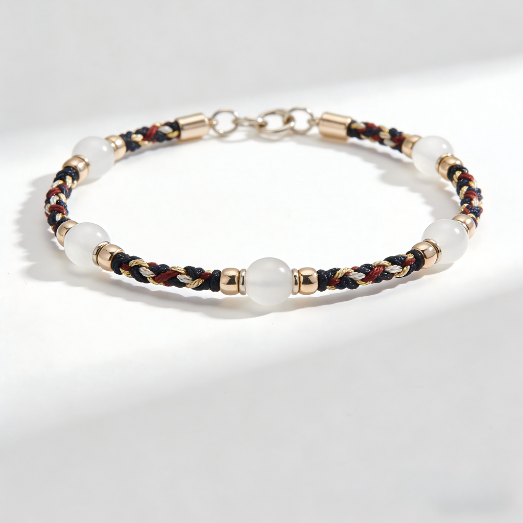 White Chalcedony and Woven Cord Gold Accent Bracelet