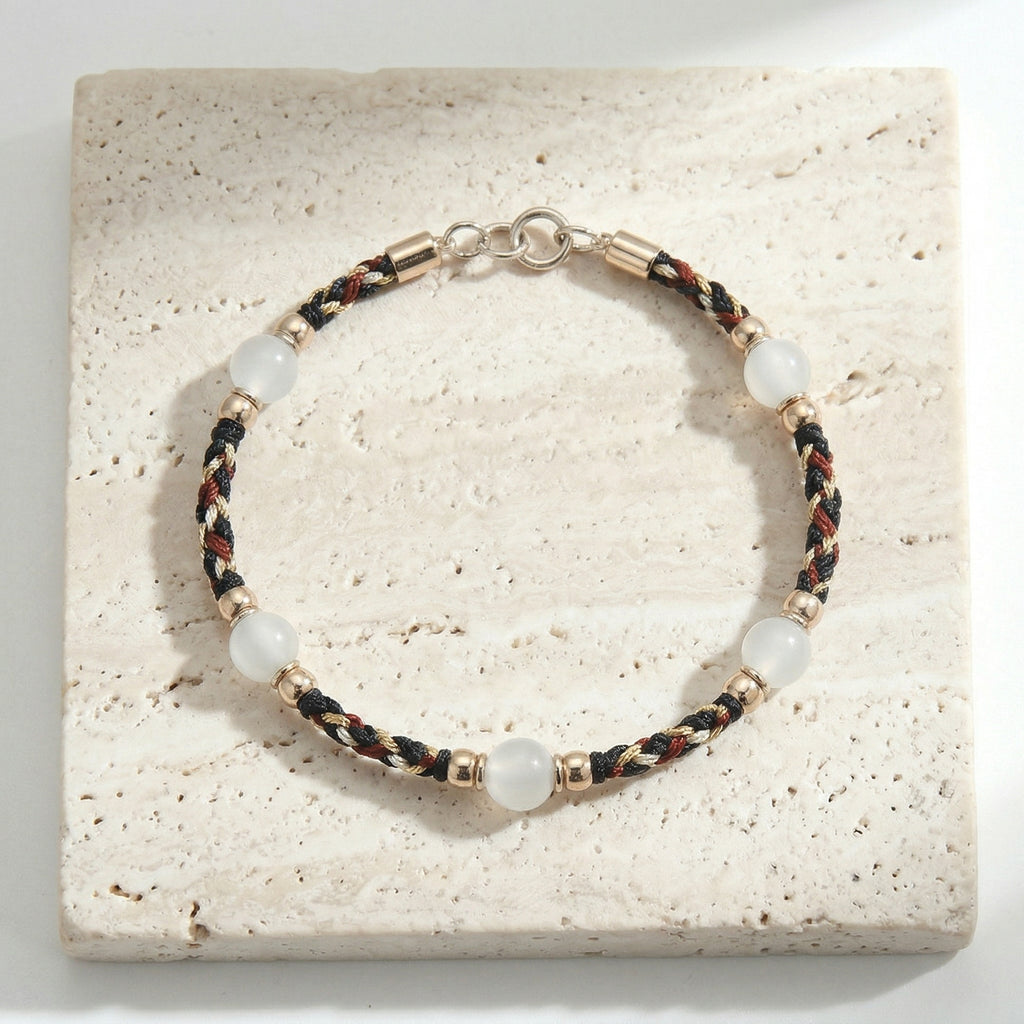 White Chalcedony and Woven Cord Gold Accent Bracelet