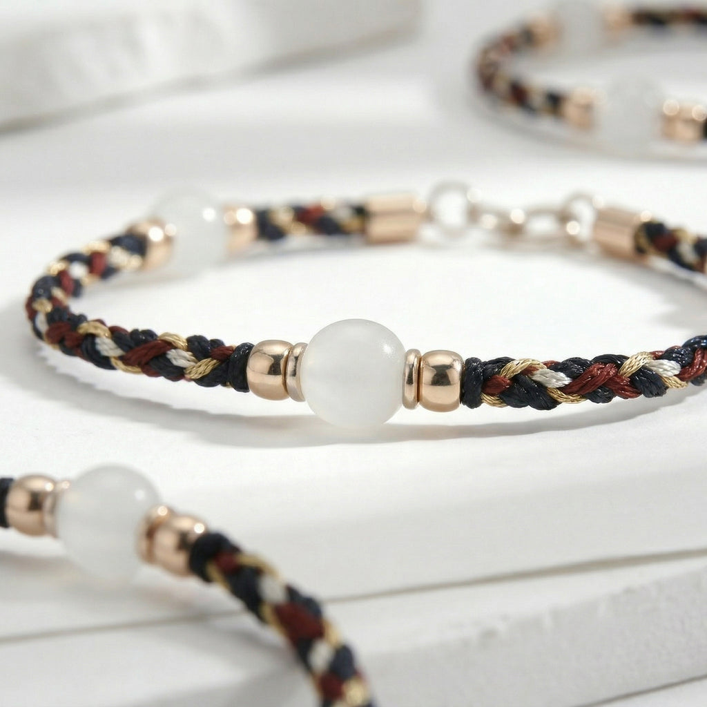 White Chalcedony and Woven Cord Gold Accent Bracelet