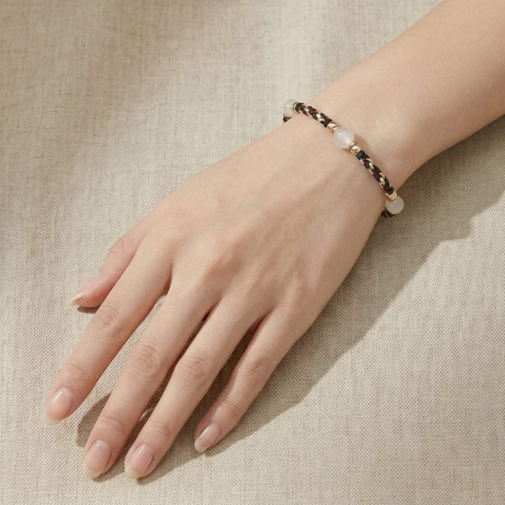 White Chalcedony and Woven Cord Gold Accent Bracelet