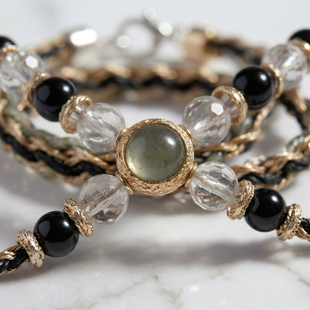 Multi-Gemstone and Woven Cord Gold Accent Bracelet